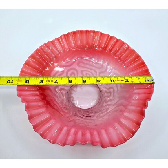 Vintage Fenton Cranberry Opalescent Glass Bowl With Ruffled Edge & Swirl Pattern - Picture 8 of 9
